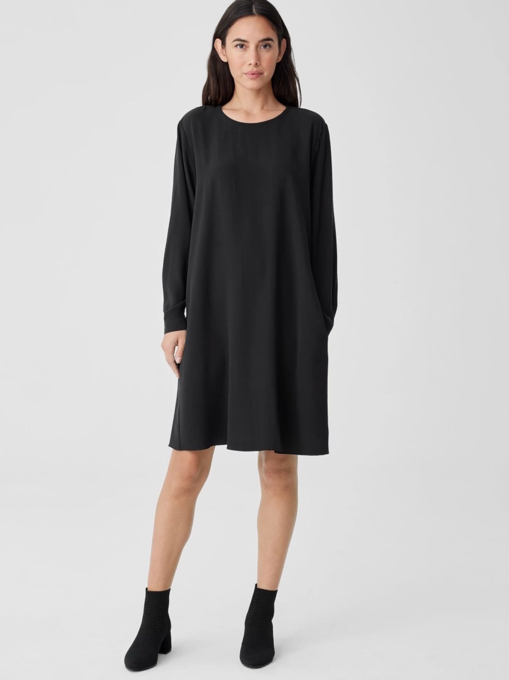 New Eileen Fisher 100% Silk Geogette Crepe Black Midi Shift Crewneck Shirt Dress